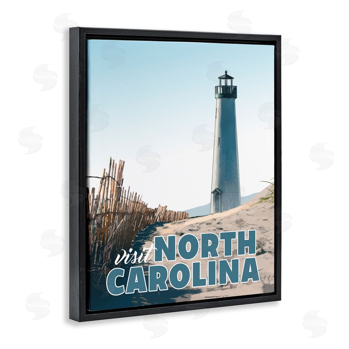 David Owens Illustration Visit North Carolina Beach Lighthouse Seaside Sand Black Floating Frame Canvas Wall Art Print