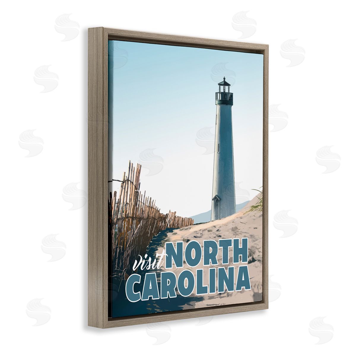 David Owens Illustration Visit North Carolina Beach Lighthouse Seaside Sand Brown Floating Frame Canvas Wall Art Print