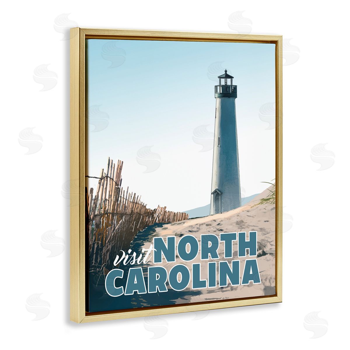 David Owens Illustration Visit North Carolina Beach Lighthouse Seaside Sand Gold Floating Frame Canvas Wall Art Print