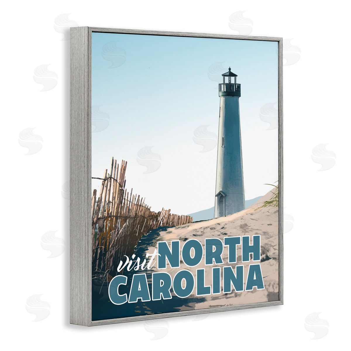 David Owens Illustration Visit North Carolina Beach Lighthouse Seaside Sand Gray Framed Giclee Wall Art Print