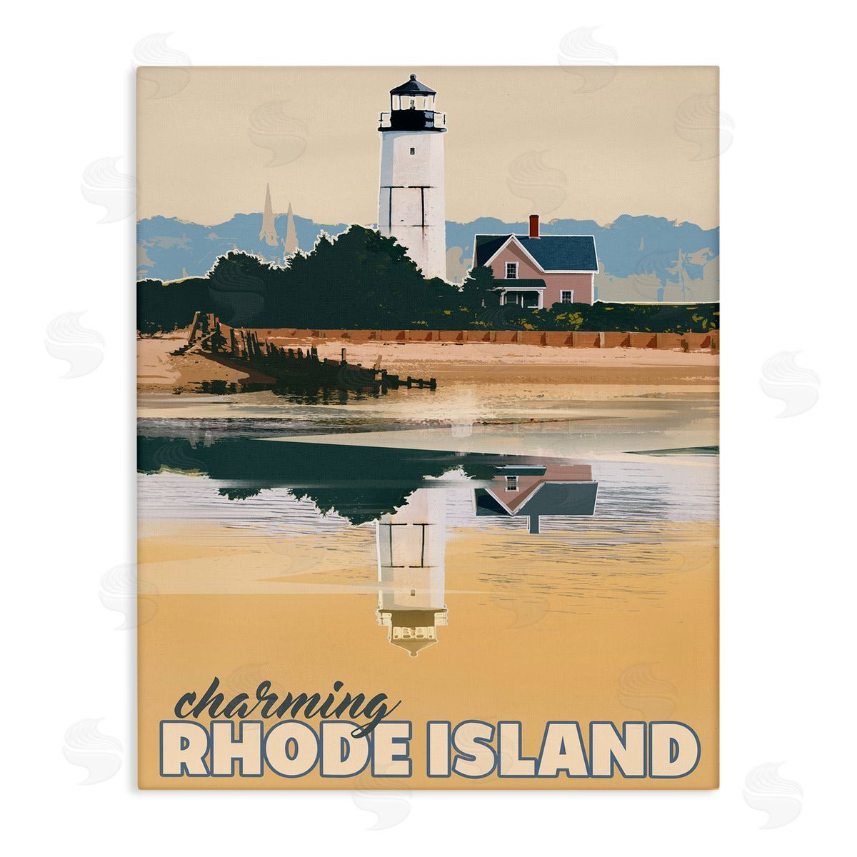 David Owens Illustration Travel Charming Rhode Island Seaside Lighthouse Beacon  Stretched Canvas Wall Art Print