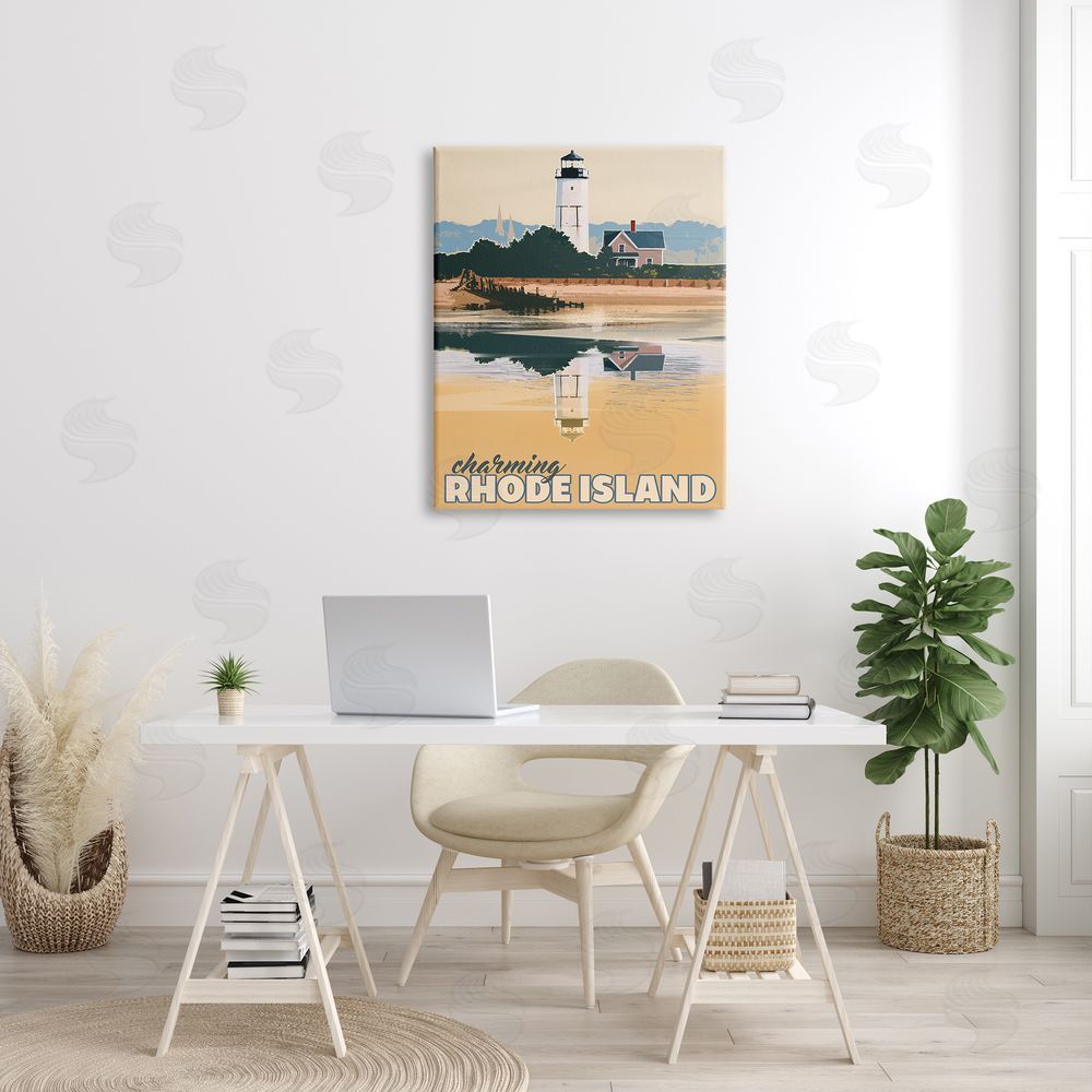 David Owens Illustration Travel Charming Rhode Island Seaside Lighthouse Beacon  Canvas Wall Art Print in Room
