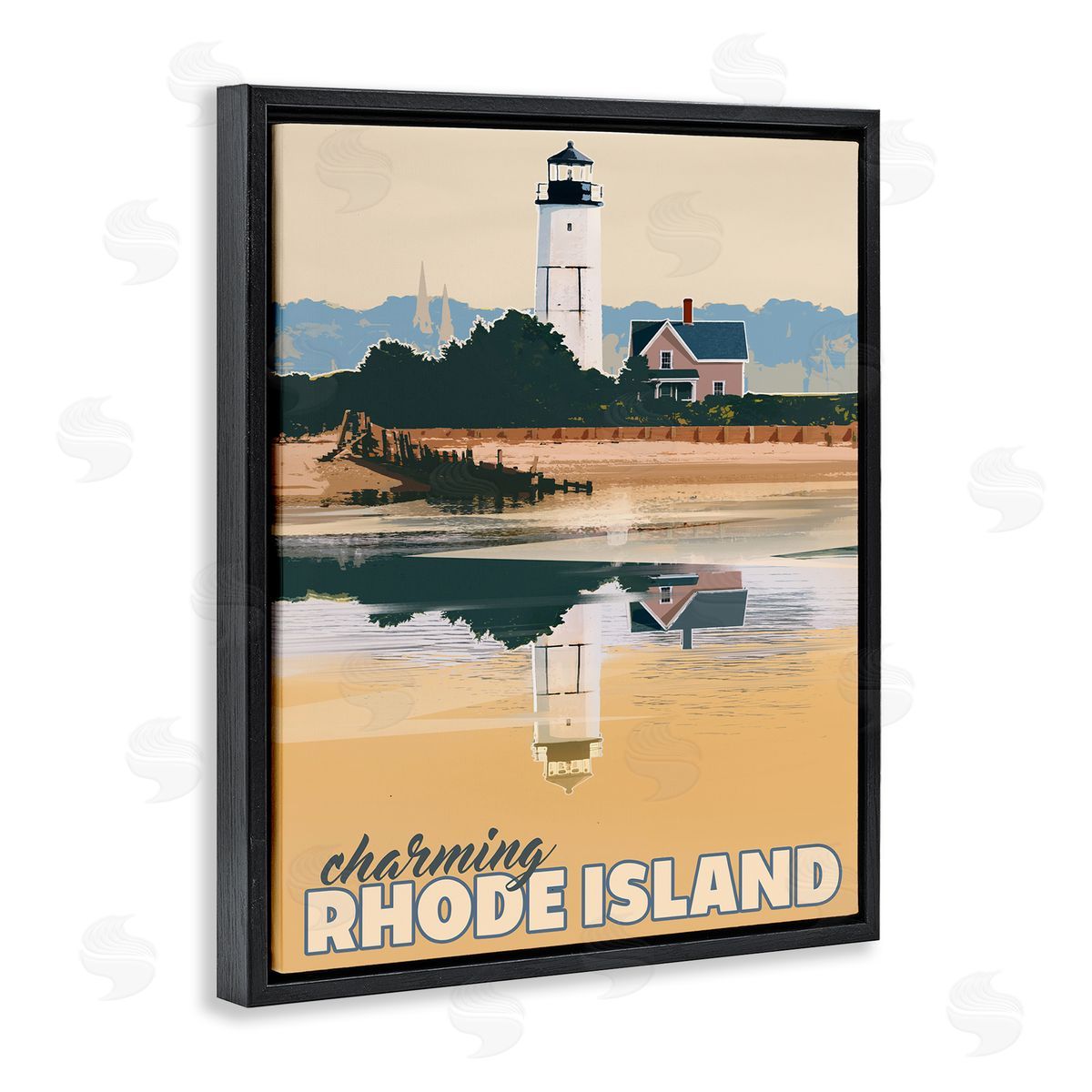 David Owens Illustration Travel Charming Rhode Island Seaside Lighthouse Beacon  Black Floating Frame Canvas Wall Art Print