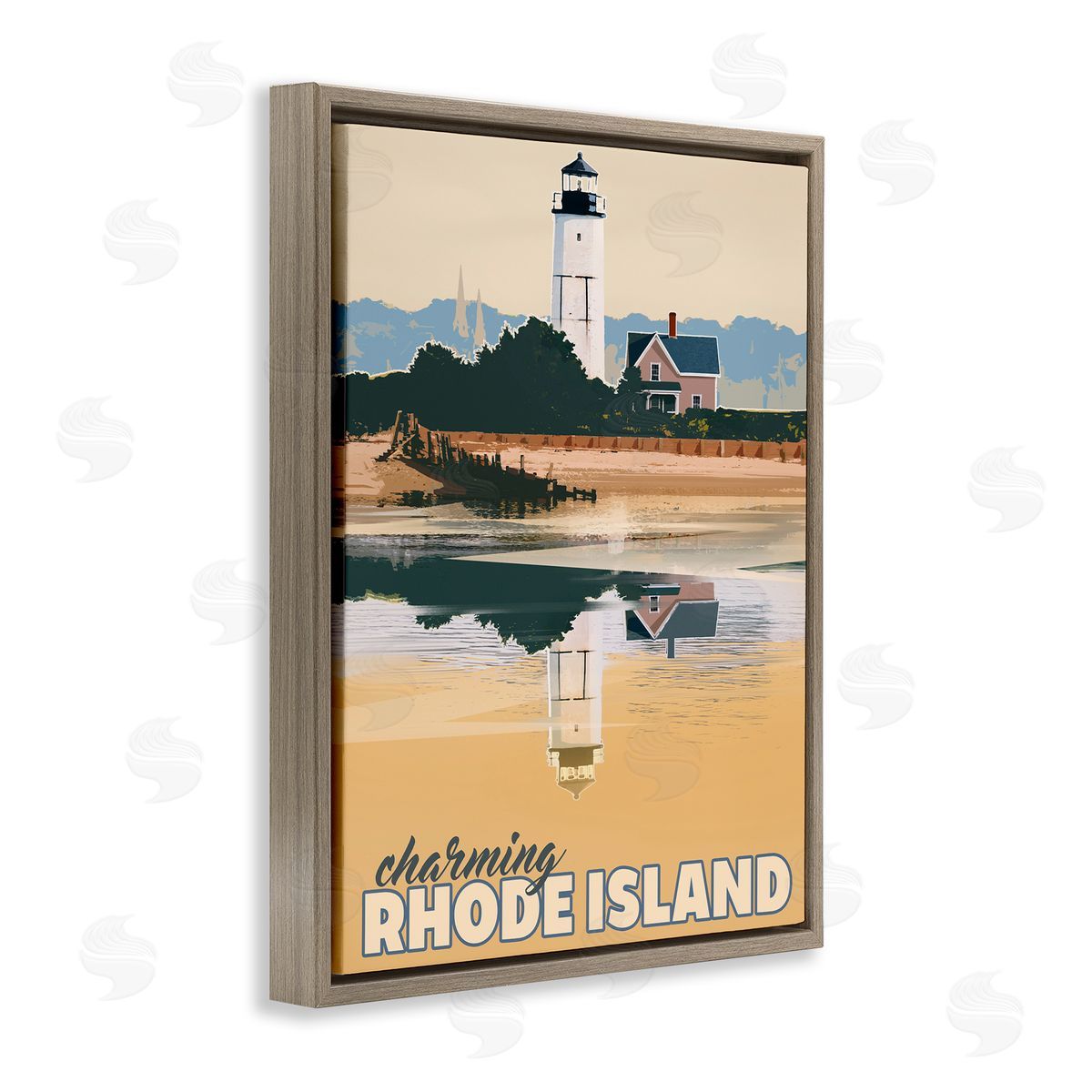 David Owens Illustration Travel Charming Rhode Island Seaside Lighthouse Beacon  Brown Floating Frame Canvas Wall Art Print
