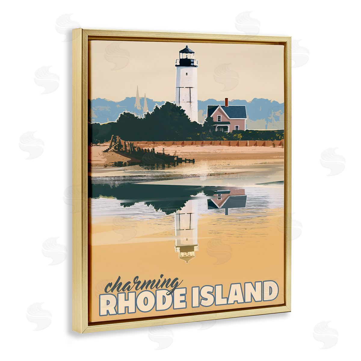 David Owens Illustration Travel Charming Rhode Island Seaside Lighthouse Beacon  Gold Floating Frame Canvas Wall Art Print