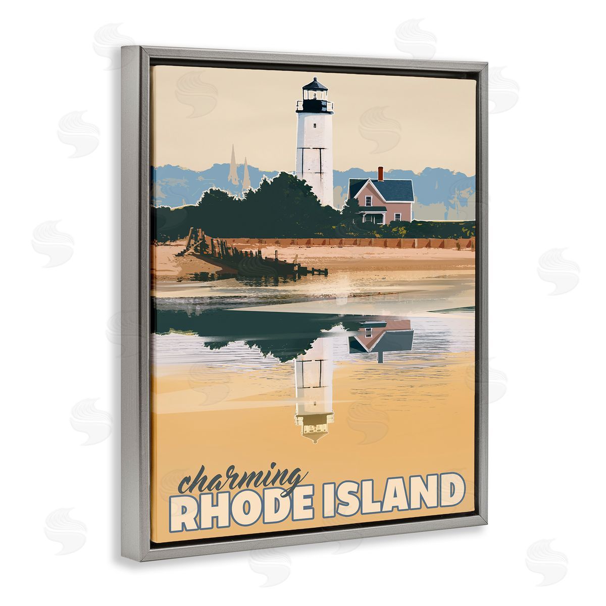 David Owens Illustration Travel Charming Rhode Island Seaside Lighthouse Beacon  Gray Floating Frame Canvas Wall Art Print