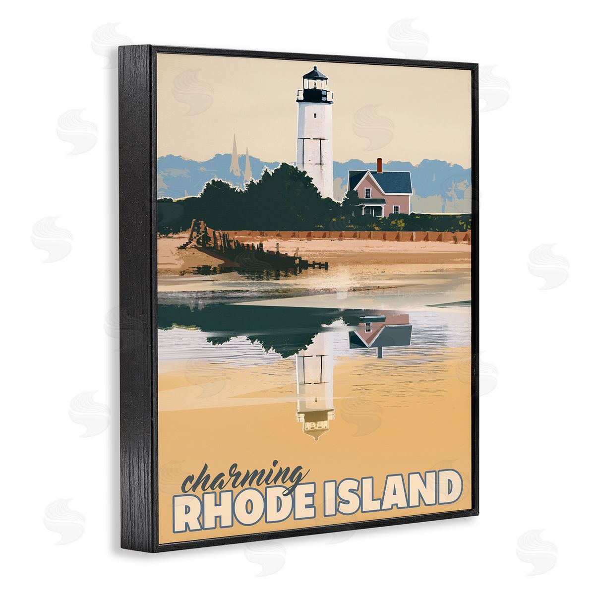 David Owens Illustration Travel Charming Rhode Island Seaside Lighthouse Beacon  Black Framed Giclee Wall Art Print
