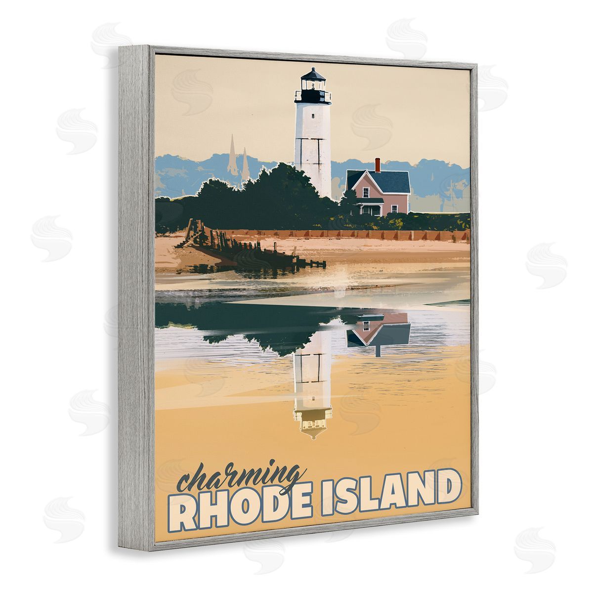 David Owens Illustration Travel Charming Rhode Island Seaside Lighthouse Beacon  Gray Framed Giclee Wall Art Print