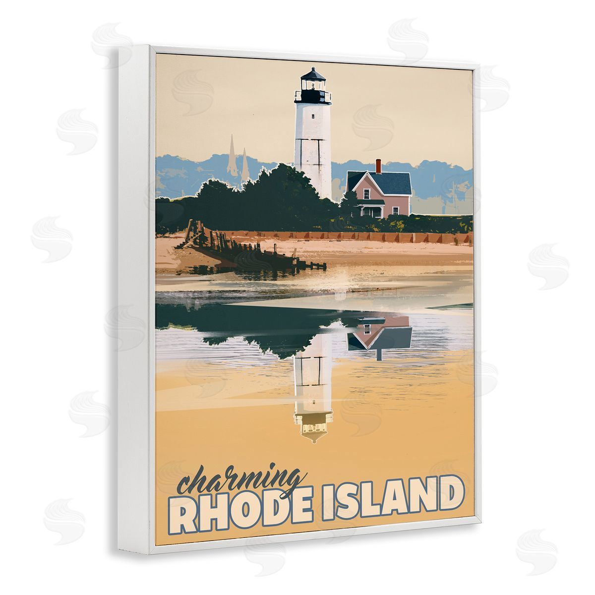 David Owens Illustration Travel Charming Rhode Island Seaside Lighthouse Beacon  White Framed Giclee Wall Art Print