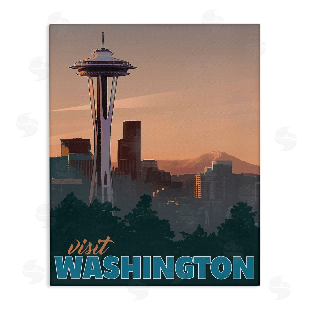 David Owens Illustration Visit Washington Urban Metropolis Space Needle Landmark Stretched Canvas Wall Art Print