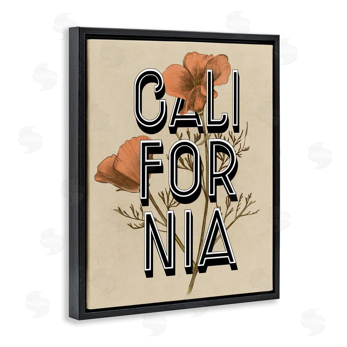 Stupell Studio California State Floral Typography Poppy Sprig Blossom Black Floating Frame Canvas Wall Art Print