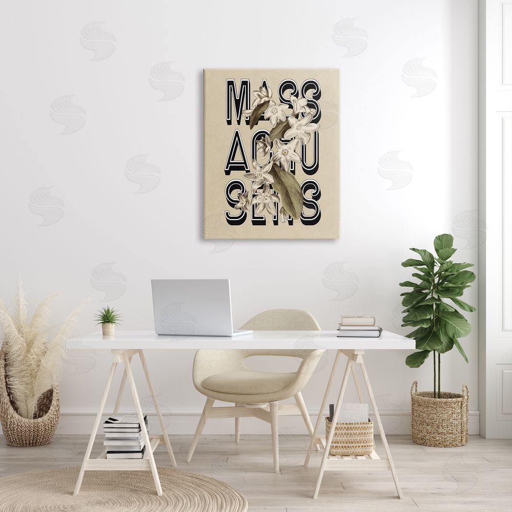 Stupell Studio Massachusetts State Mayflower Blossoms Intertwining Typography  Canvas Wall Art Print in Room