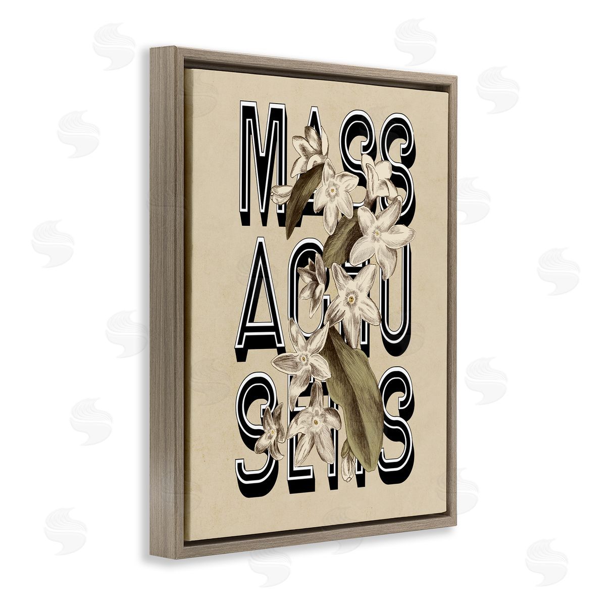 Stupell Studio Massachusetts State Mayflower Blossoms Intertwining Typography  Brown Floating Frame Canvas Wall Art Print