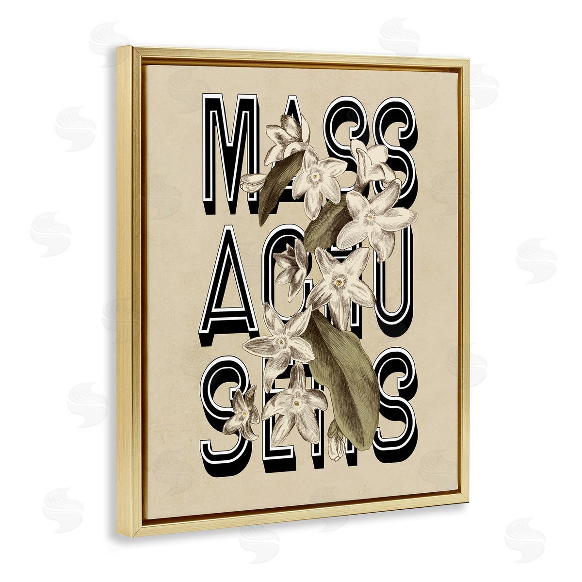 Stupell Studio Massachusetts State Mayflower Blossoms Intertwining Typography  Gold Floating Frame Canvas Wall Art Print