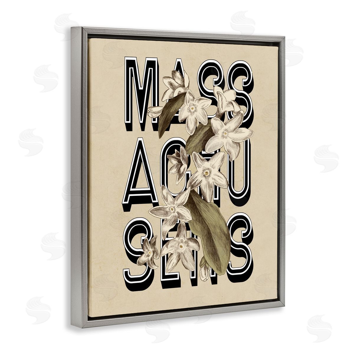 Stupell Studio Massachusetts State Mayflower Blossoms Intertwining Typography  Gray Floating Frame Canvas Wall Art Print