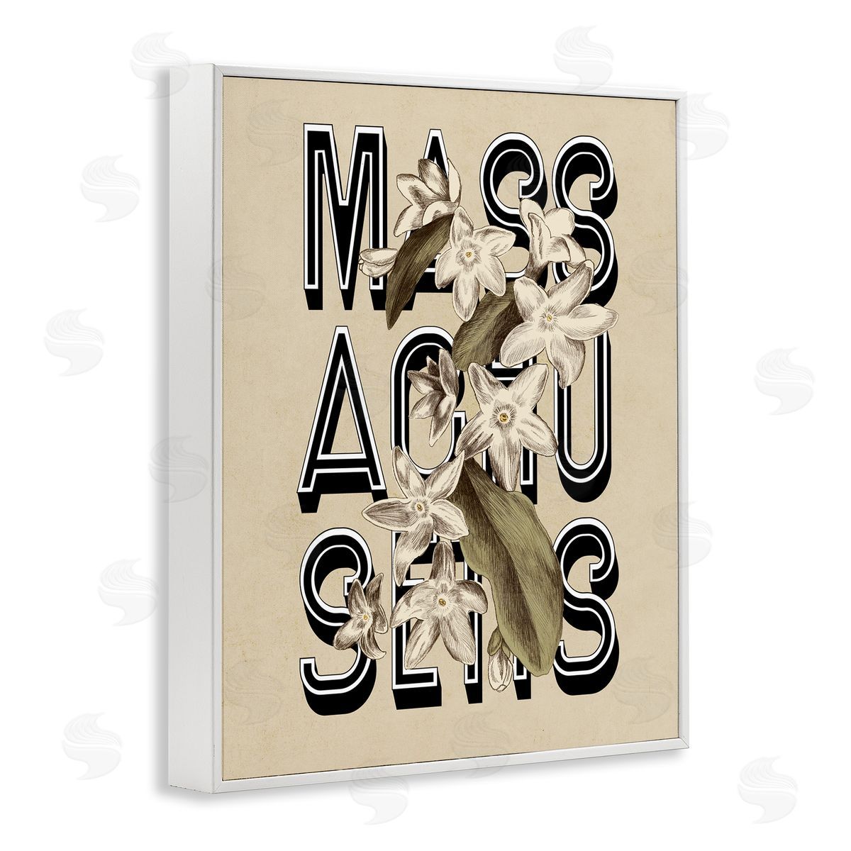 Stupell Studio Massachusetts State Mayflower Blossoms Intertwining Typography  White Framed Giclee Wall Art Print