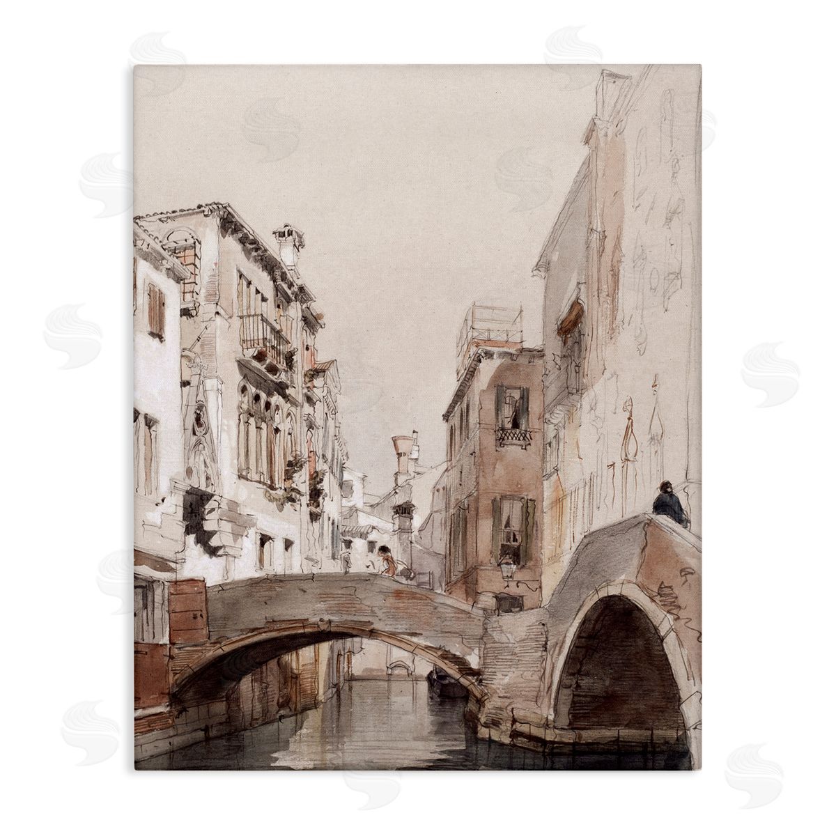 Lettered and Lined Arched Bridge Over Canal Quaint Town Buildings  Stretched Canvas Wall Art Print