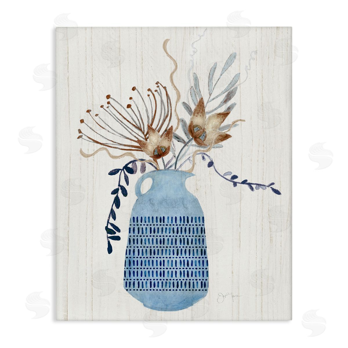 Tava Studios Pleasant Blue Vase Boho Flowers Botanicals Arrangement Stretched Canvas Wall Art Print