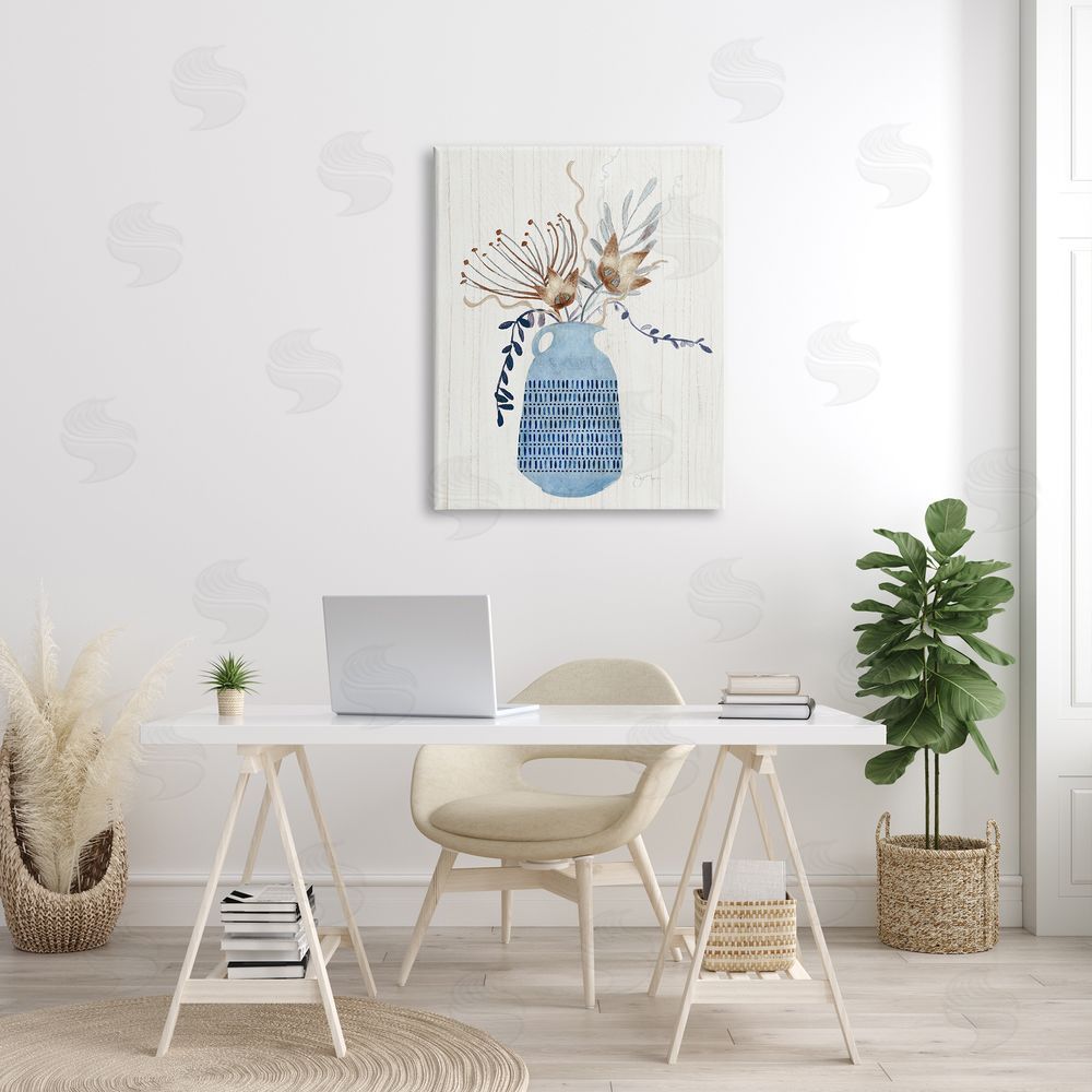 Tava Studios Pleasant Blue Vase Boho Flowers Botanicals Arrangement Canvas Wall Art Print in Room