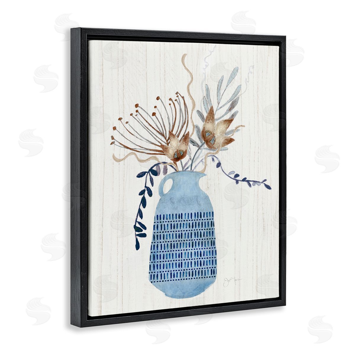 Tava Studios Pleasant Blue Vase Boho Flowers Botanicals Arrangement Black Floating Frame Canvas Wall Art Print
