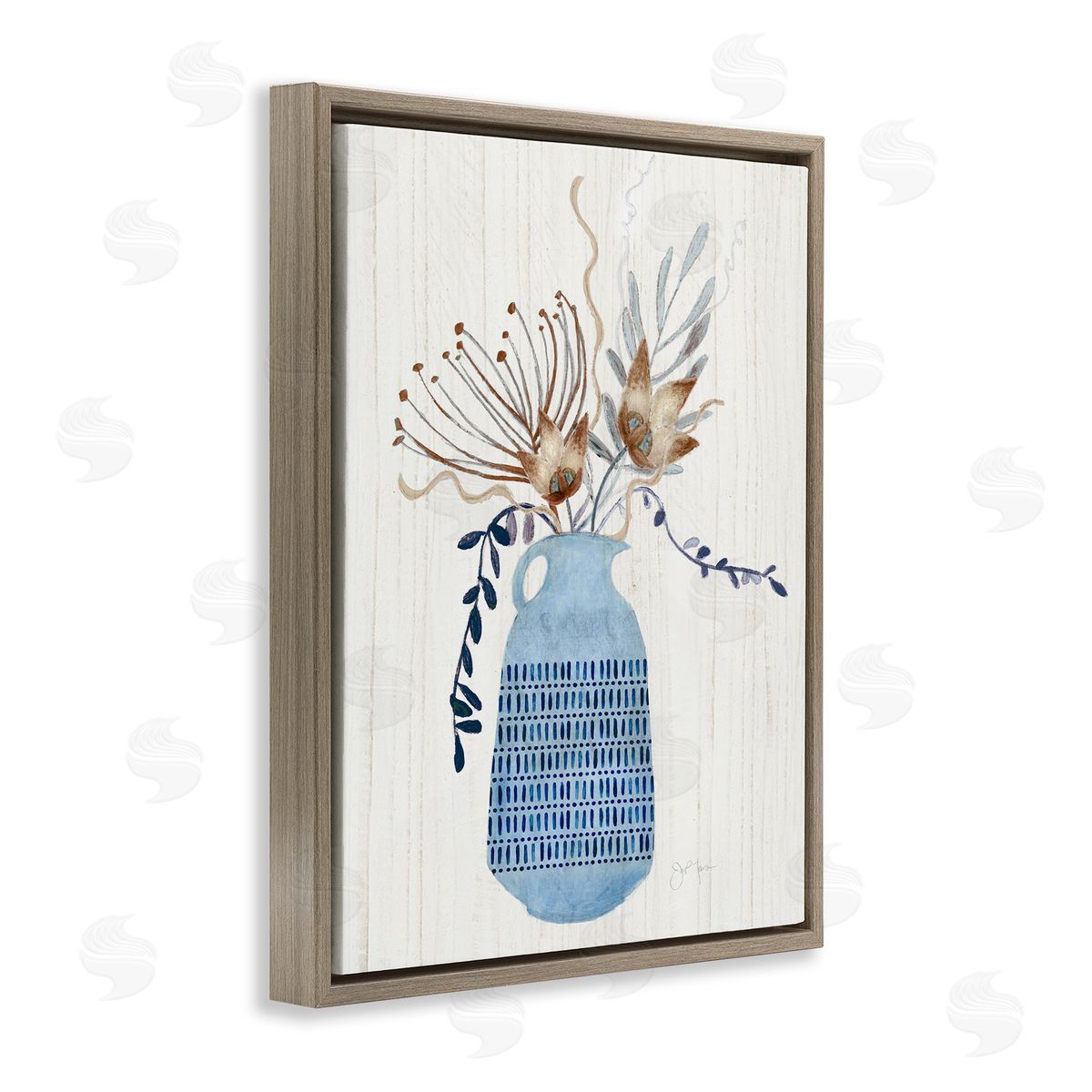 Tava Studios Pleasant Blue Vase Boho Flowers Botanicals Arrangement Brown Floating Frame Canvas Wall Art Print