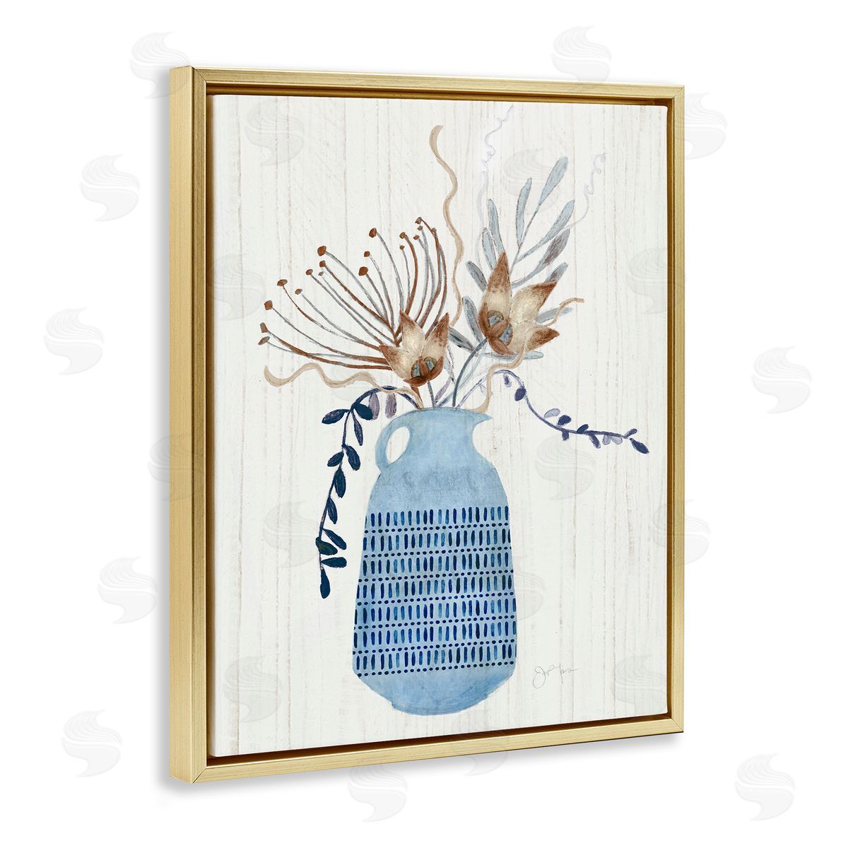 Tava Studios Pleasant Blue Vase Boho Flowers Botanicals Arrangement Gold Floating Frame Canvas Wall Art Print