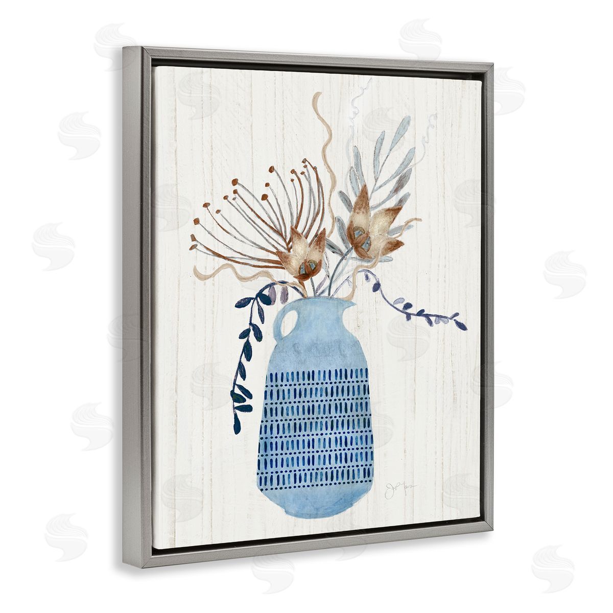 Tava Studios Pleasant Blue Vase Boho Flowers Botanicals Arrangement Gray Floating Frame Canvas Wall Art Print