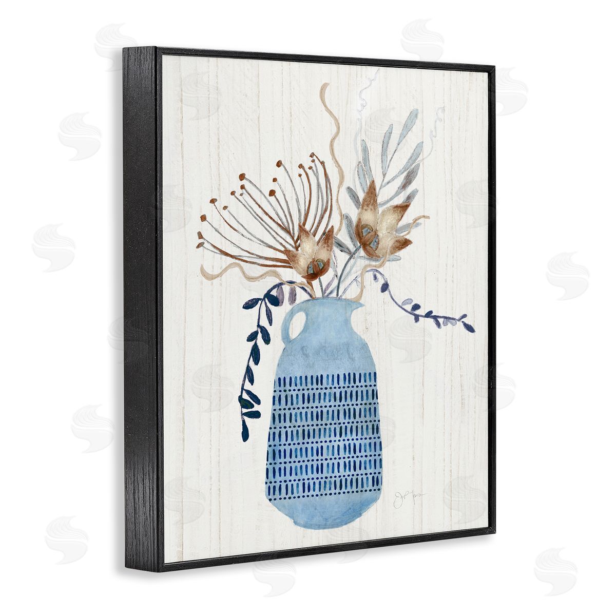 Tava Studios Pleasant Blue Vase Boho Flowers Botanicals Arrangement Black Framed Giclee Wall Art Print
