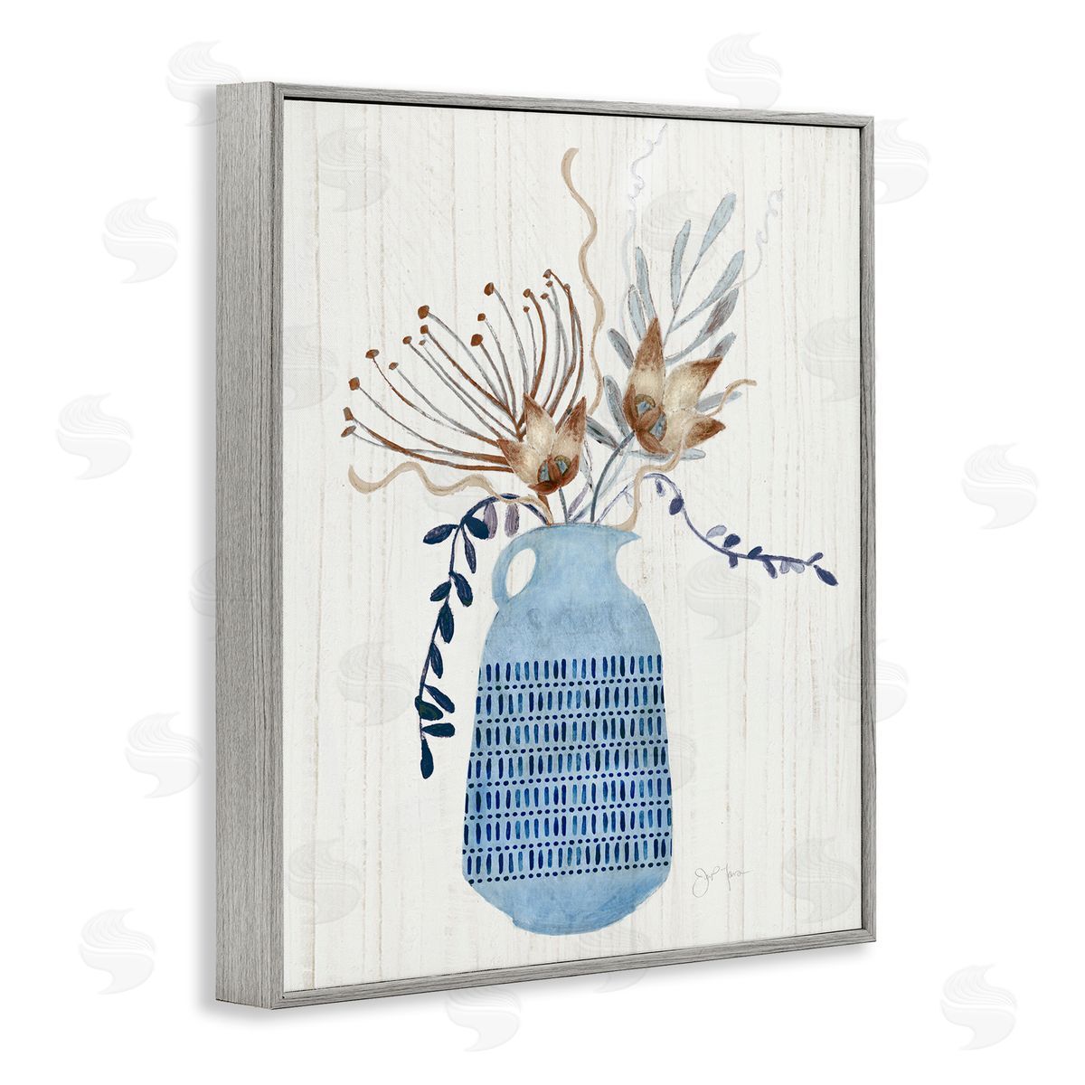 Tava Studios Pleasant Blue Vase Boho Flowers Botanicals Arrangement Gray Framed Giclee Wall Art Print