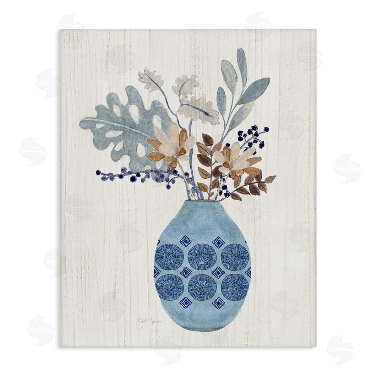 Tava Studios Stylish Mosaic Pattern Vase Botanical Leaf Sprigs Stretched Canvas Wall Art Print