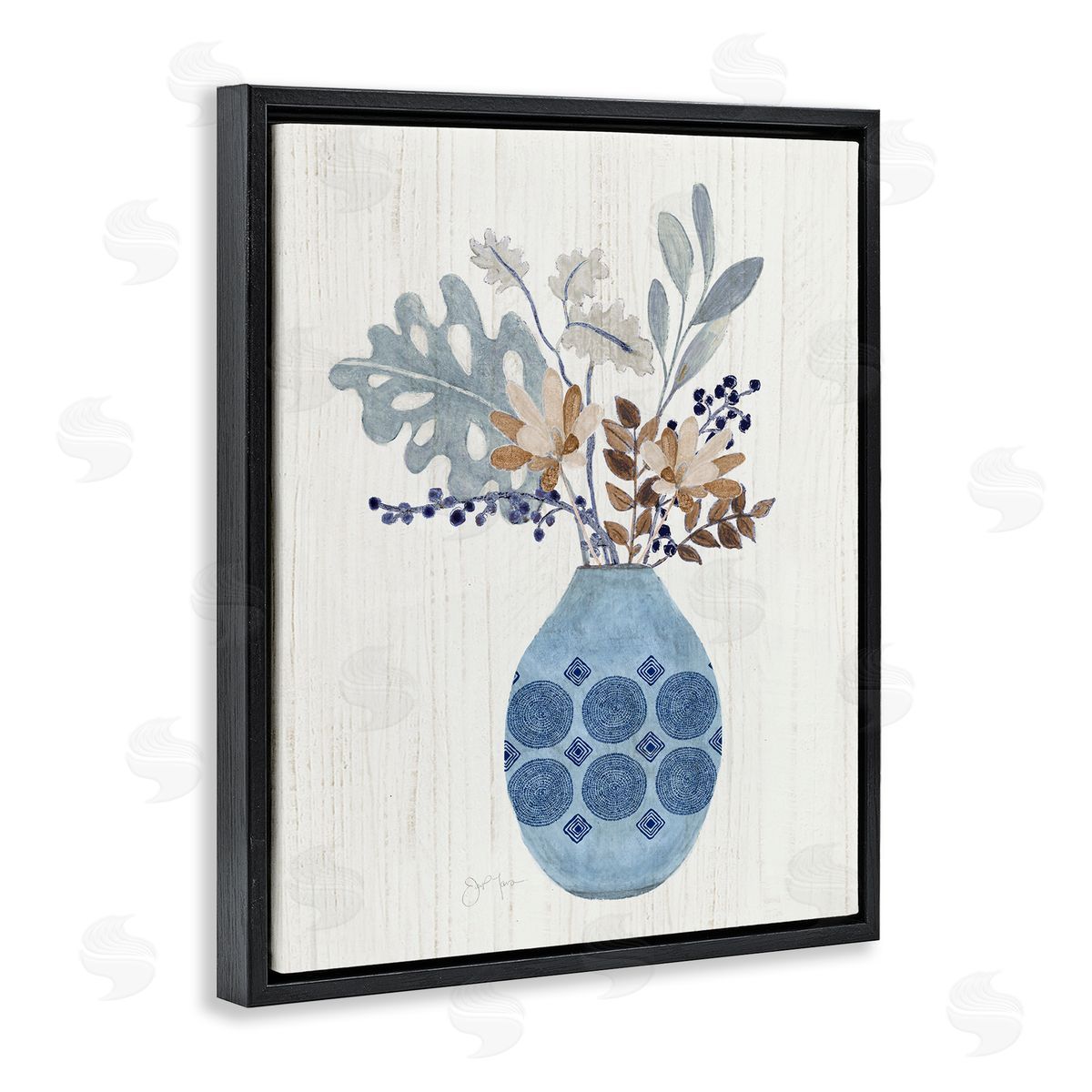 Tava Studios Stylish Mosaic Pattern Vase Botanical Leaf Sprigs Black Floating Frame Canvas Wall Art Print