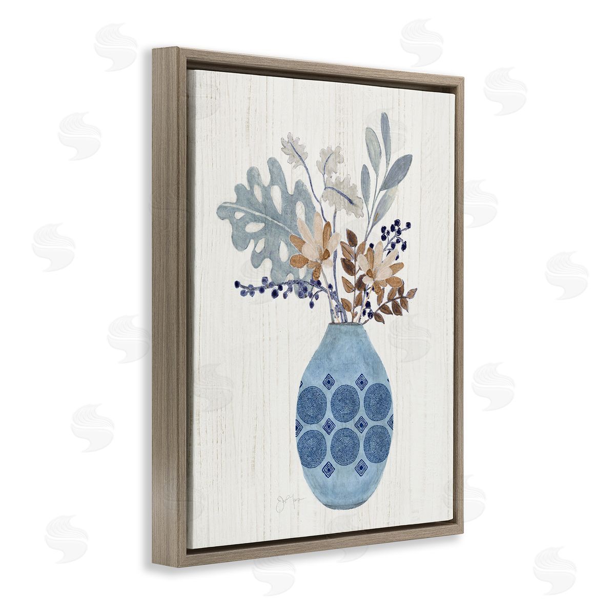 Tava Studios Stylish Mosaic Pattern Vase Botanical Leaf Sprigs Brown Floating Frame Canvas Wall Art Print