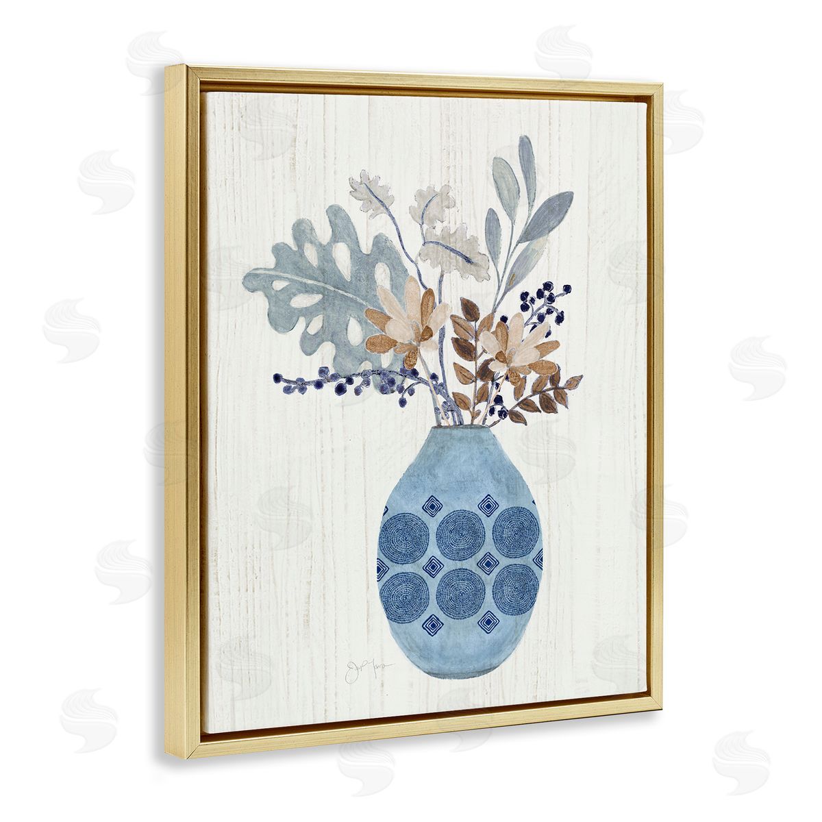 Tava Studios Stylish Mosaic Pattern Vase Botanical Leaf Sprigs Gold Floating Frame Canvas Wall Art Print