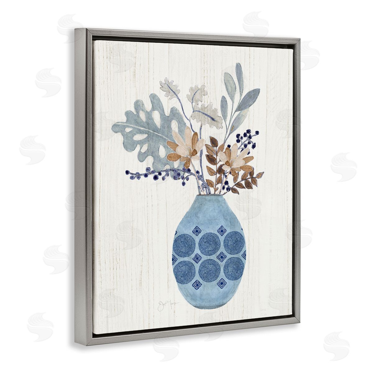 Tava Studios Stylish Mosaic Pattern Vase Botanical Leaf Sprigs Gray Floating Frame Canvas Wall Art Print