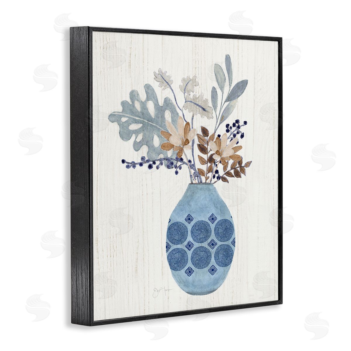 Tava Studios Stylish Mosaic Pattern Vase Botanical Leaf Sprigs Black Framed Giclee Wall Art Print