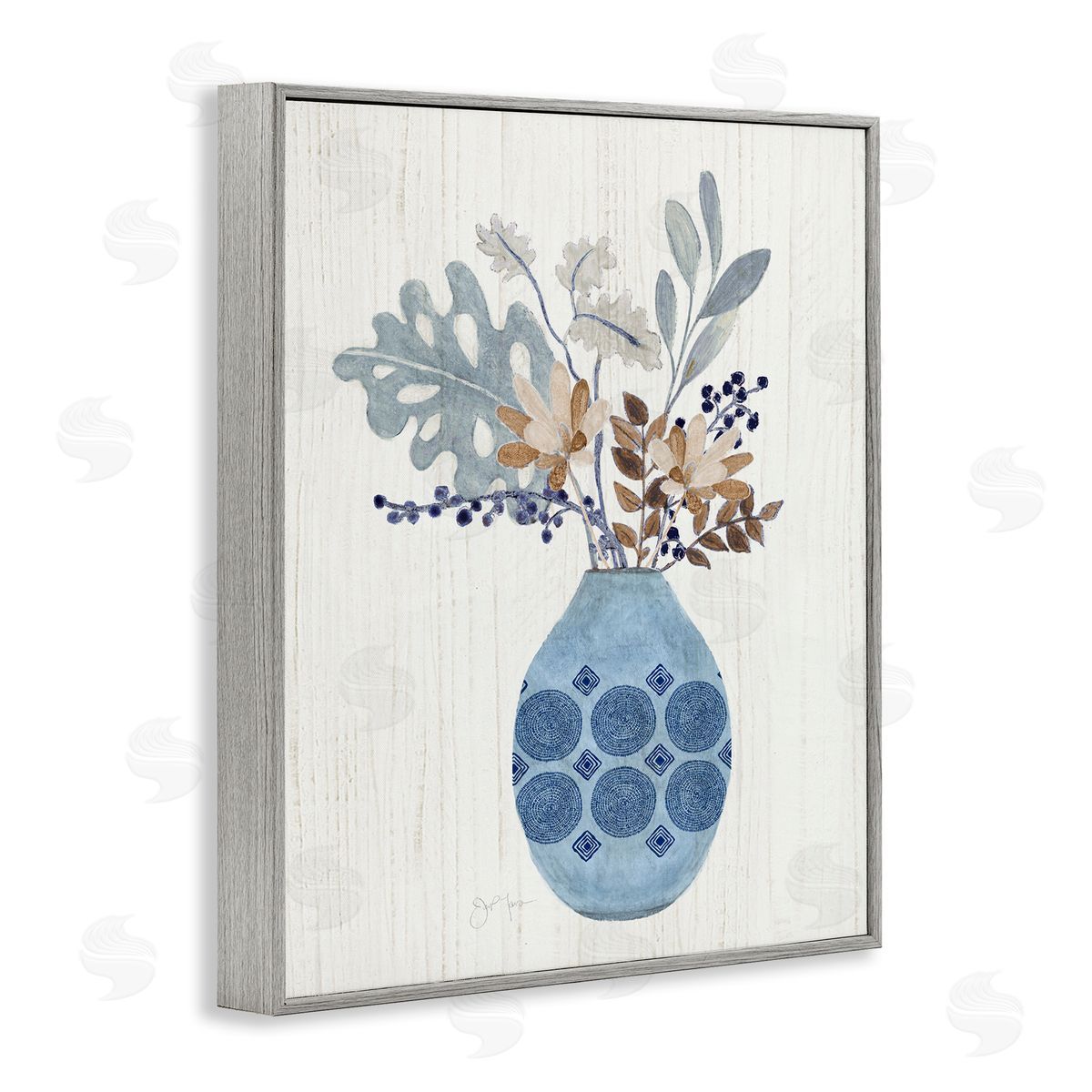 Tava Studios Stylish Mosaic Pattern Vase Botanical Leaf Sprigs Gray Framed Giclee Wall Art Print
