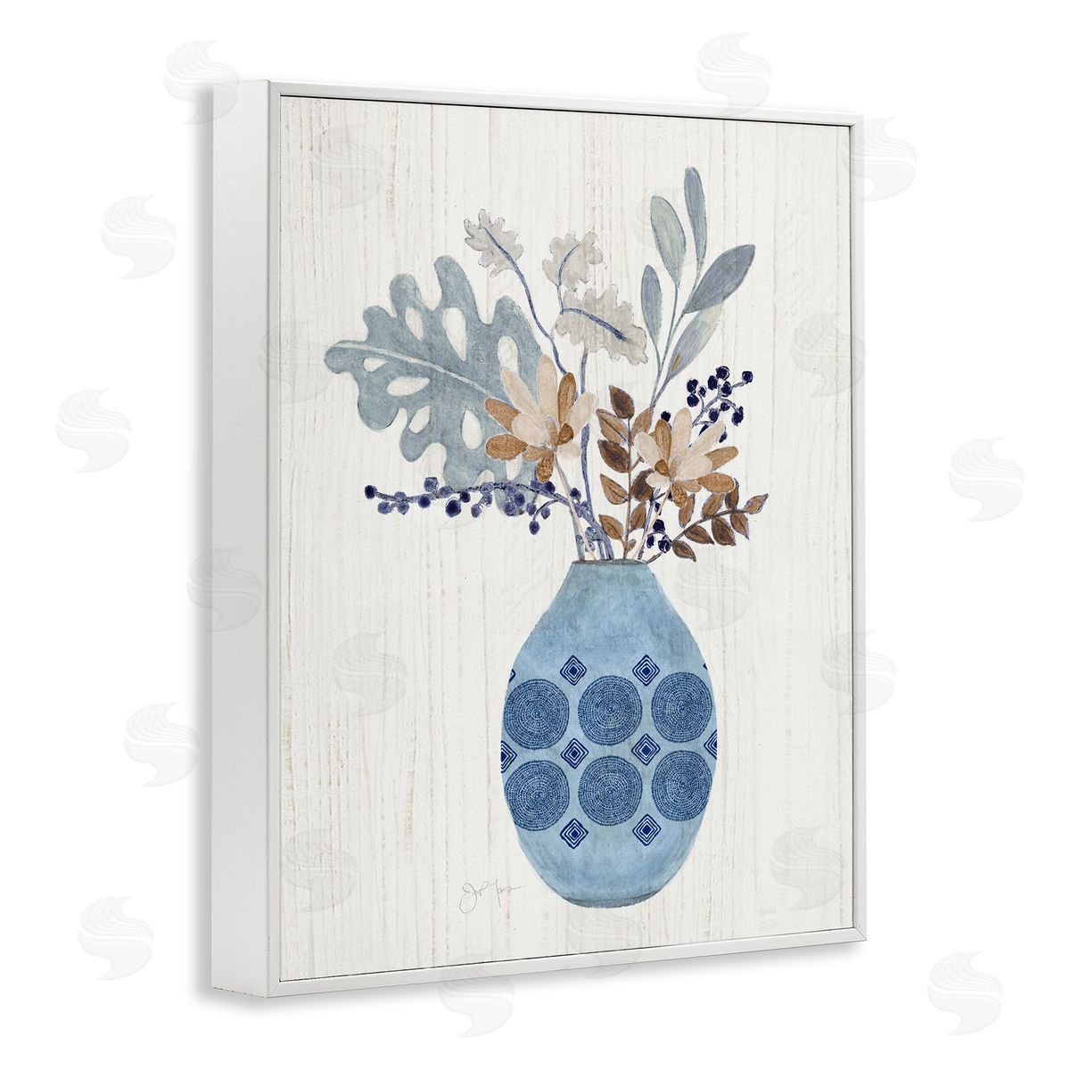 Tava Studios Stylish Mosaic Pattern Vase Botanical Leaf Sprigs White Framed Giclee Wall Art Print