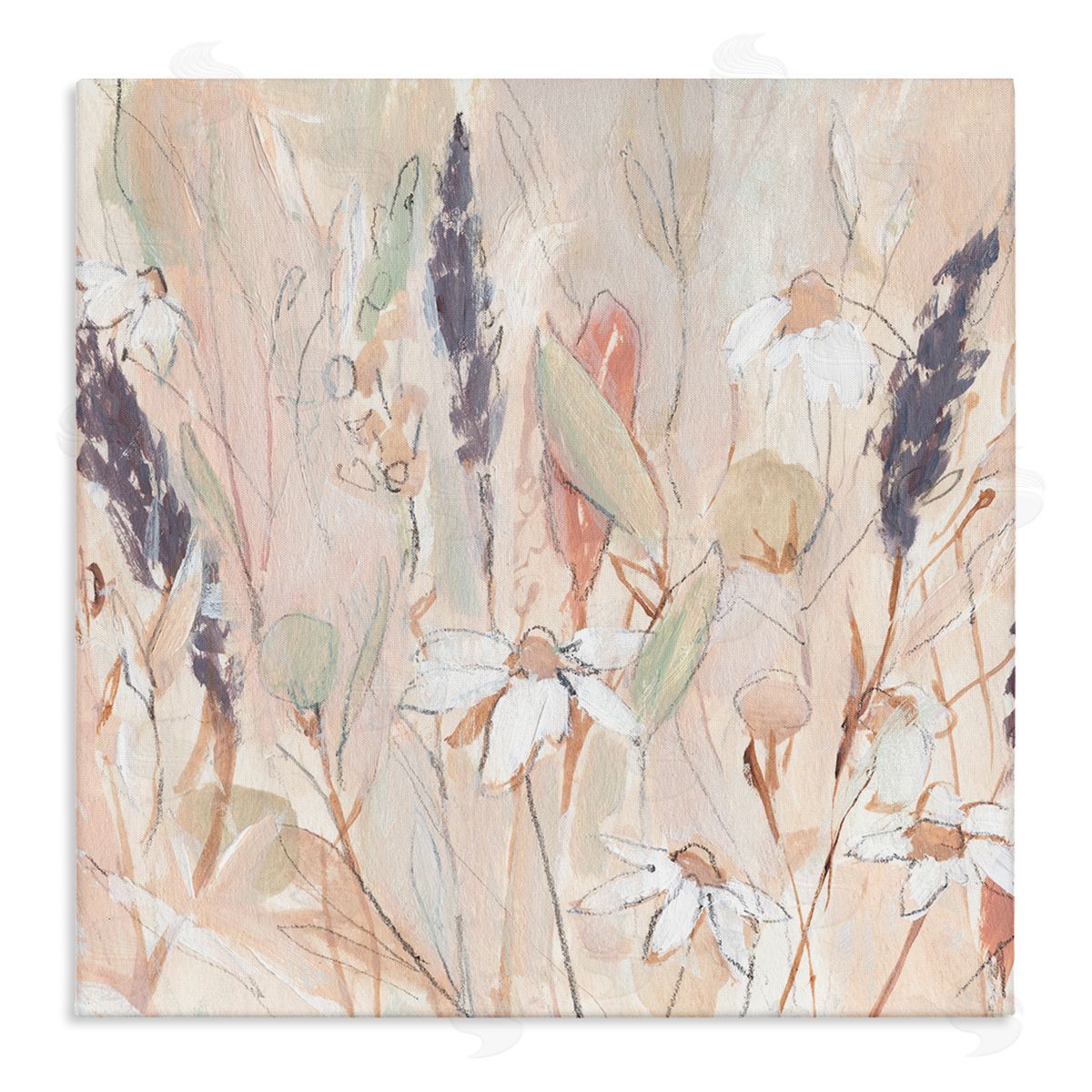 Annie Warren Blooming Wildflowers Pampas Grass Abstract Meadow Foliage Stretched Canvas Wall Art Print