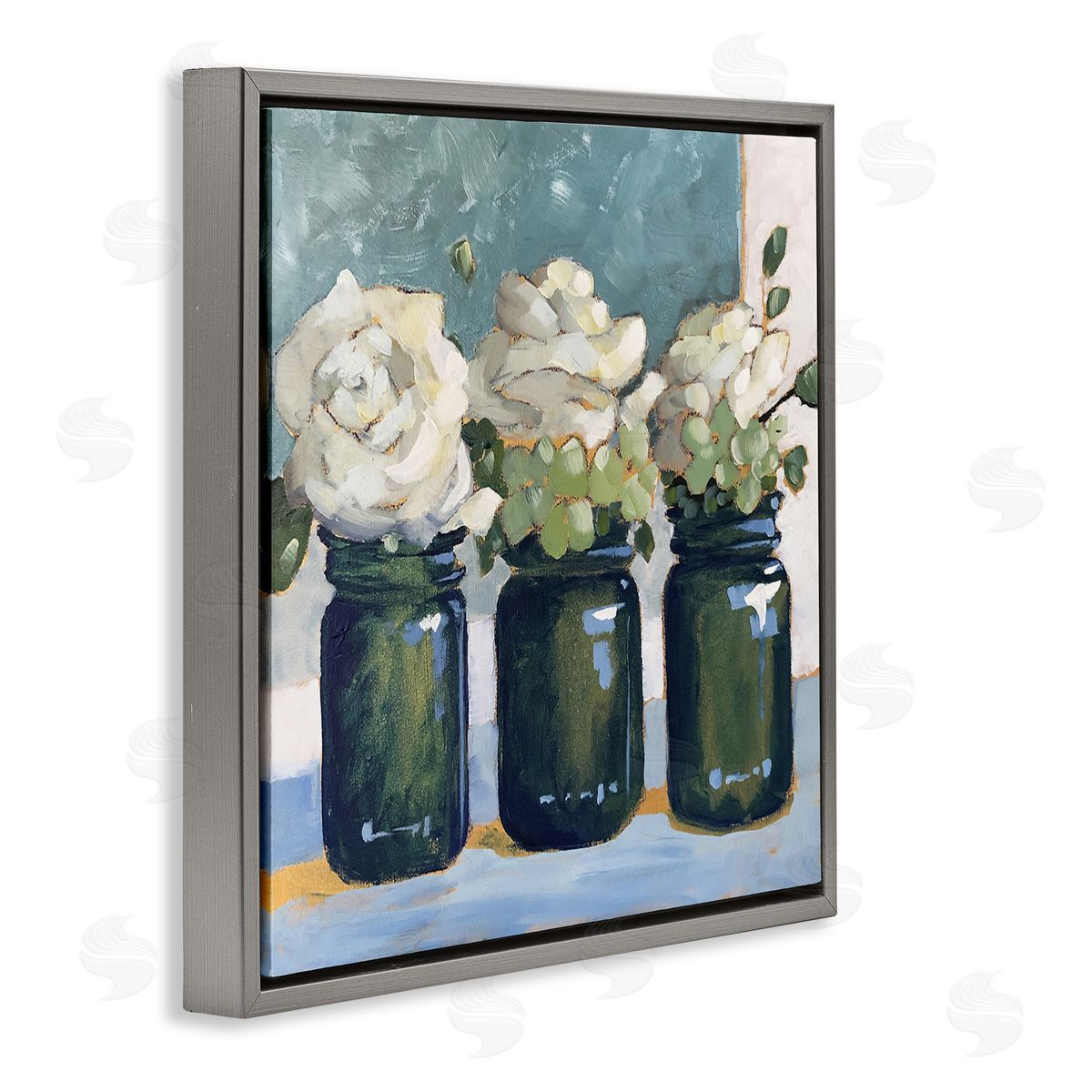 Sue Riger White Roses Country Jars Floral Arrangement Bouquets Gray Floating Frame Canvas Wall Art Print