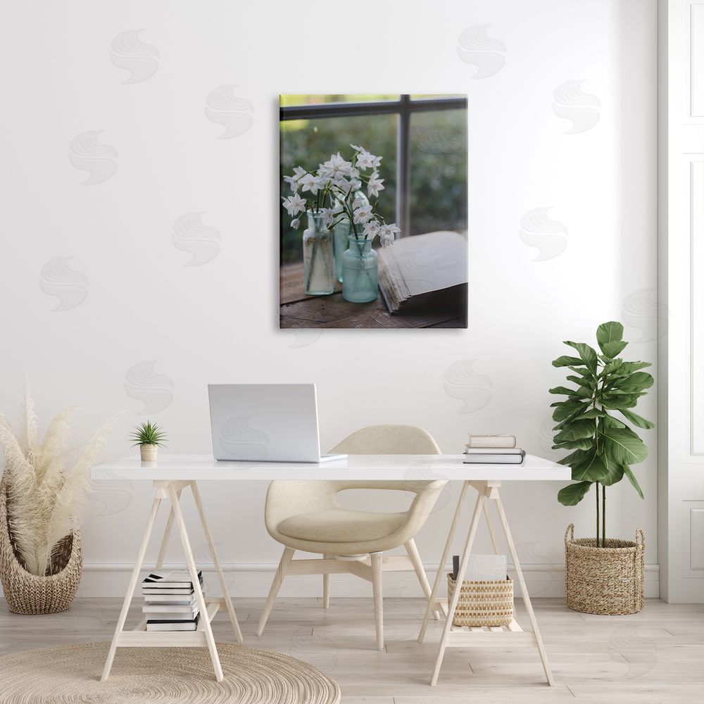 Claire Brocato Delicate White Flowers Cottage Window Book Pages Canvas Wall Art Print in Room