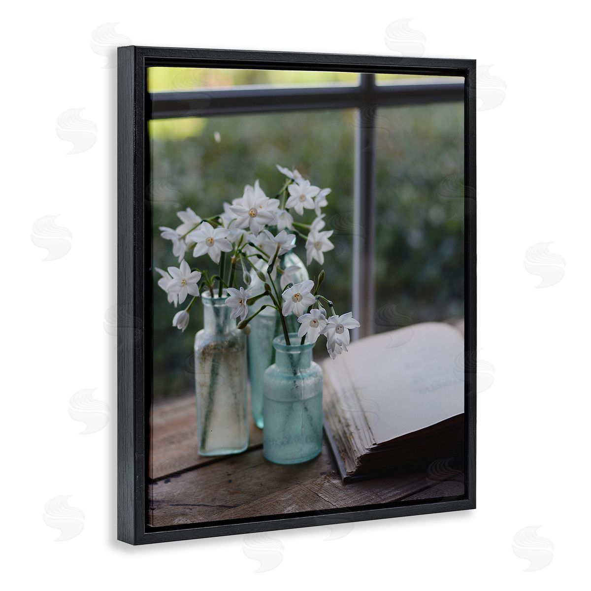 Claire Brocato Delicate White Flowers Cottage Window Book Pages Black Floating Frame Canvas Wall Art Print