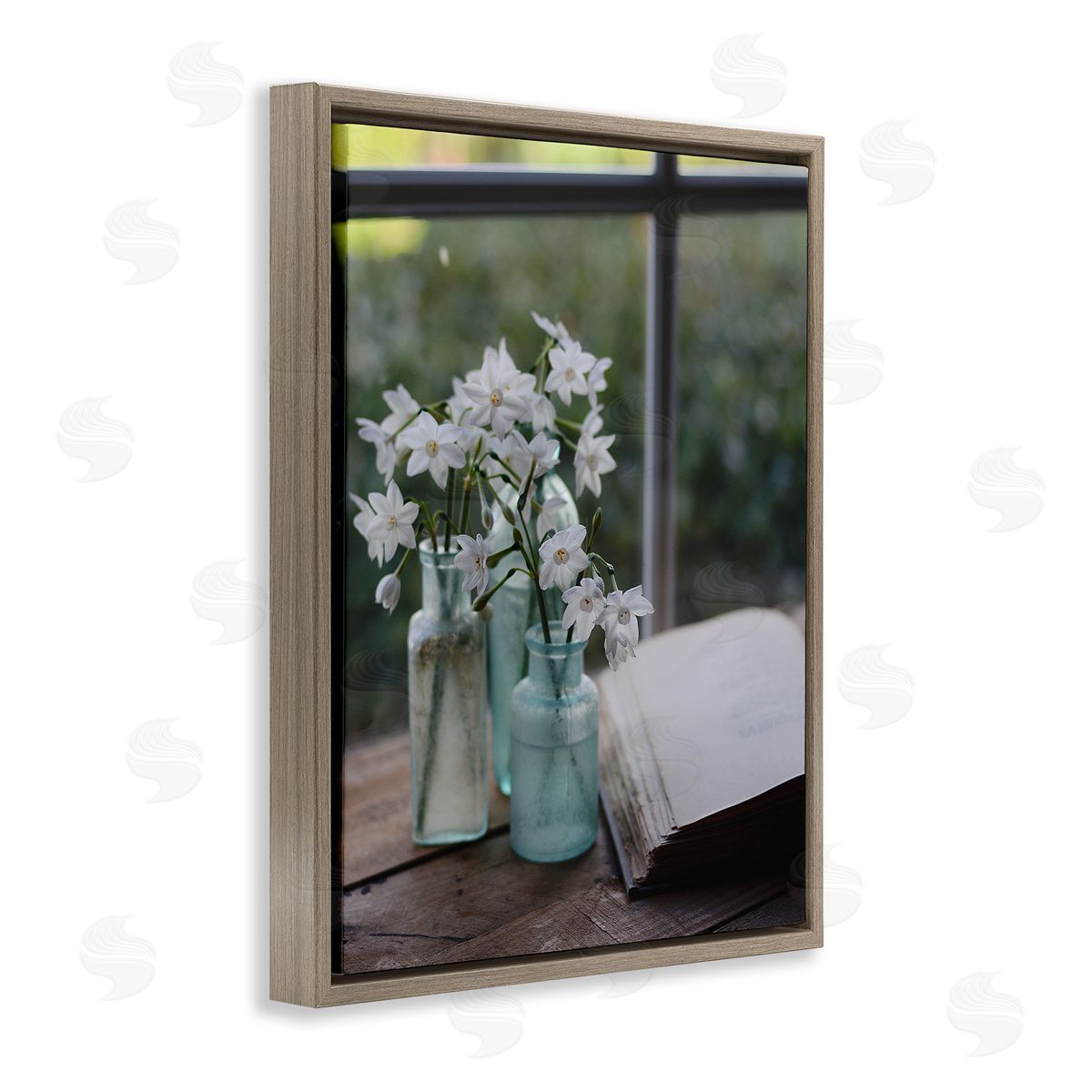 Claire Brocato Delicate White Flowers Cottage Window Book Pages Brown Floating Frame Canvas Wall Art Print