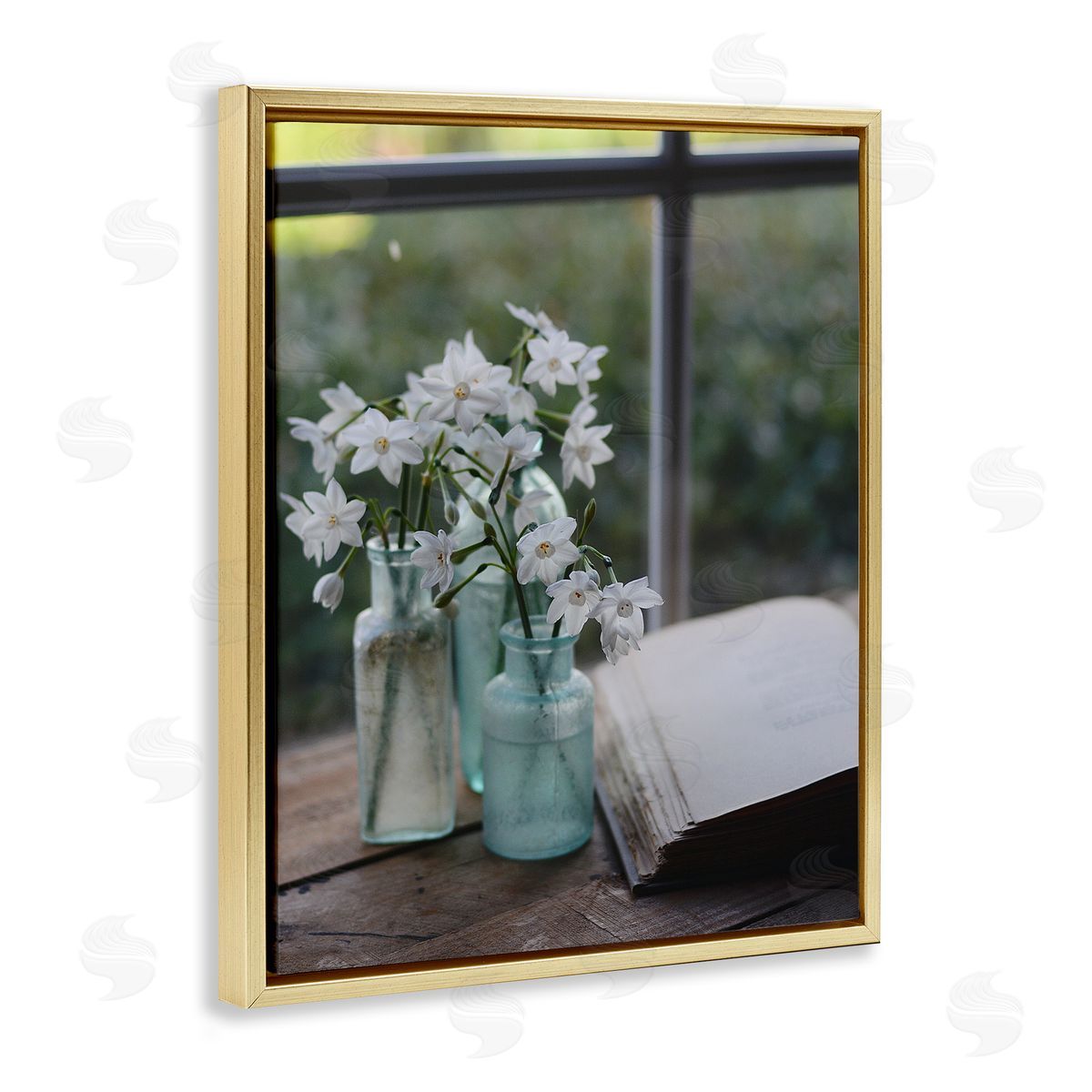 Claire Brocato Delicate White Flowers Cottage Window Book Pages Gold Floating Frame Canvas Wall Art Print