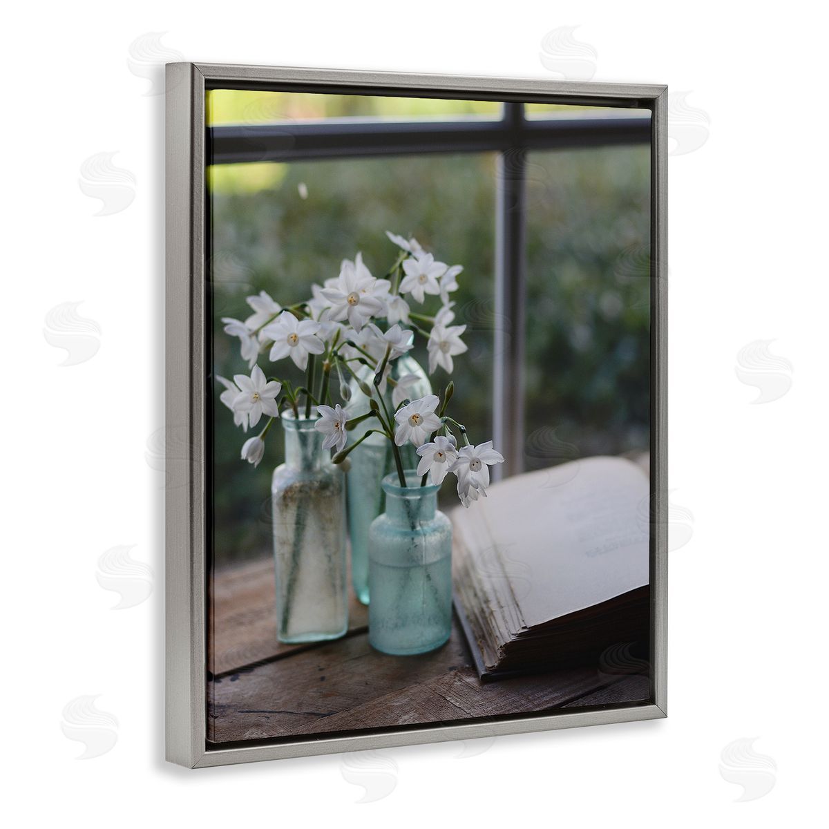 Claire Brocato Delicate White Flowers Cottage Window Book Pages Gray Floating Frame Canvas Wall Art Print