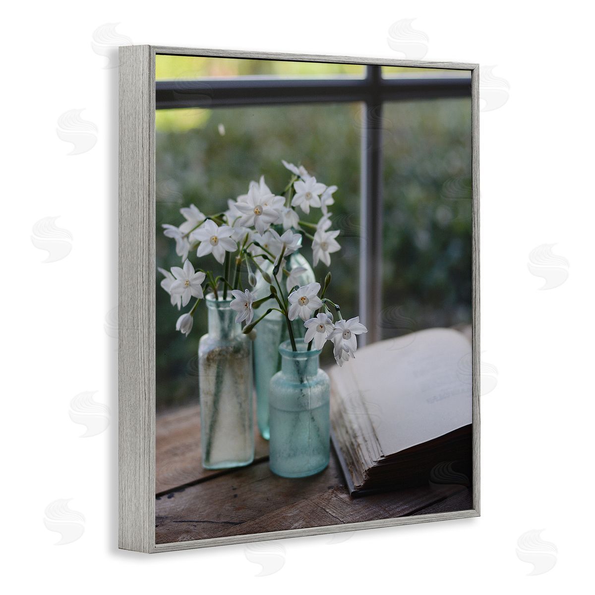Claire Brocato Delicate White Flowers Cottage Window Book Pages Gray Framed Giclee Wall Art Print