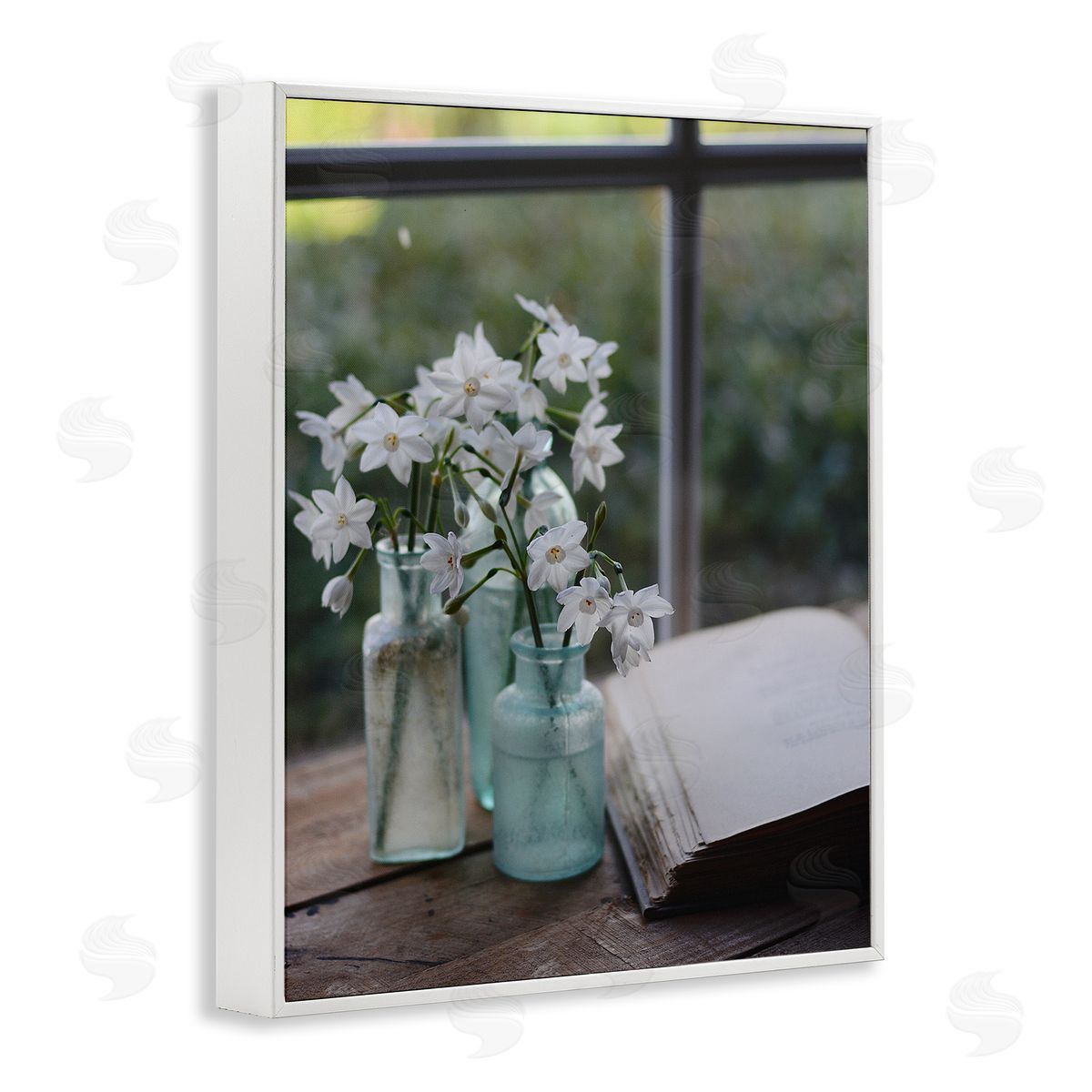 Claire Brocato Delicate White Flowers Cottage Window Book Pages White Framed Giclee Wall Art Print