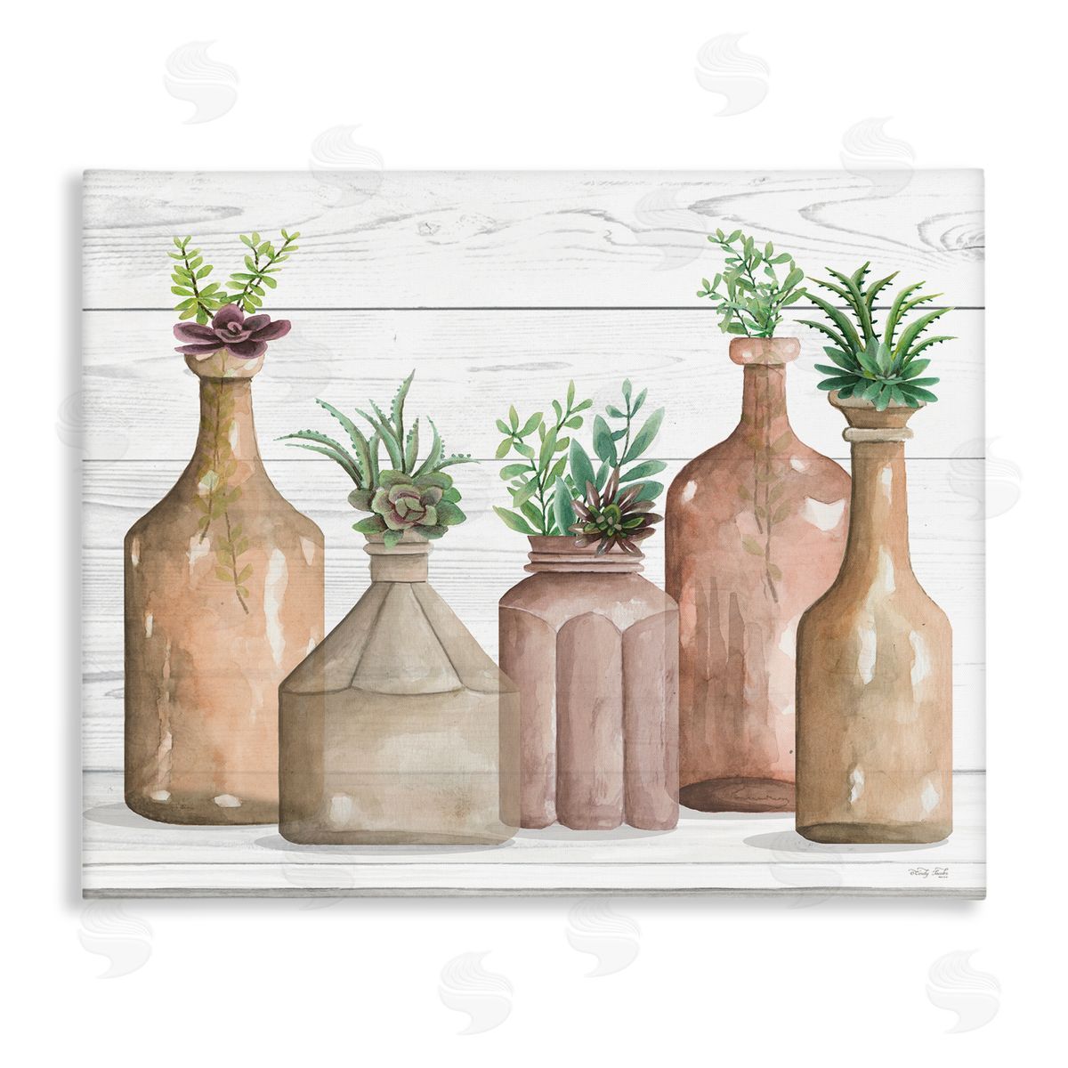 Cindy Jacobs Succulents Herbs Rustic Cottage Jars Leaves Arrangement  Stretched Canvas Wall Art Print