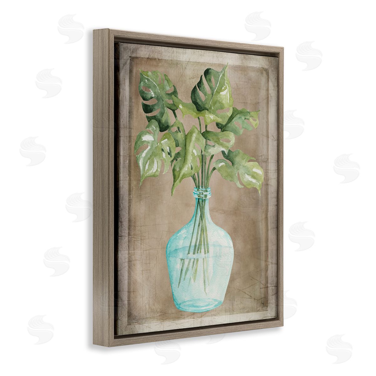 Cindy Jacobs Monstera Leaves Glass Vase Potted House Plant Brown Floating Frame Canvas Wall Art Print