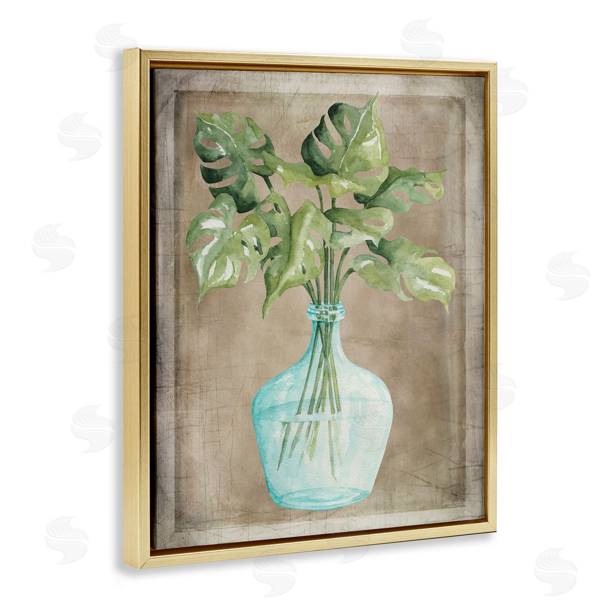 Cindy Jacobs Monstera Leaves Glass Vase Potted House Plant Gold Floating Frame Canvas Wall Art Print
