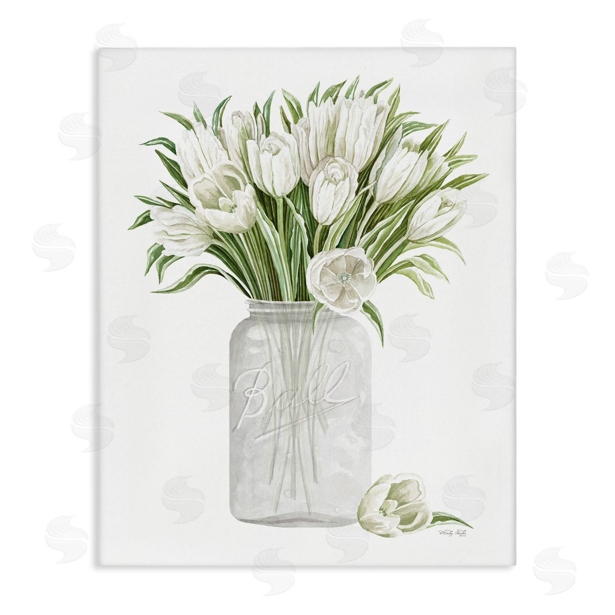 Cindy Jacobs White Tulips Rustic Country Jar Falling Blooms Stretched Canvas Wall Art Print
